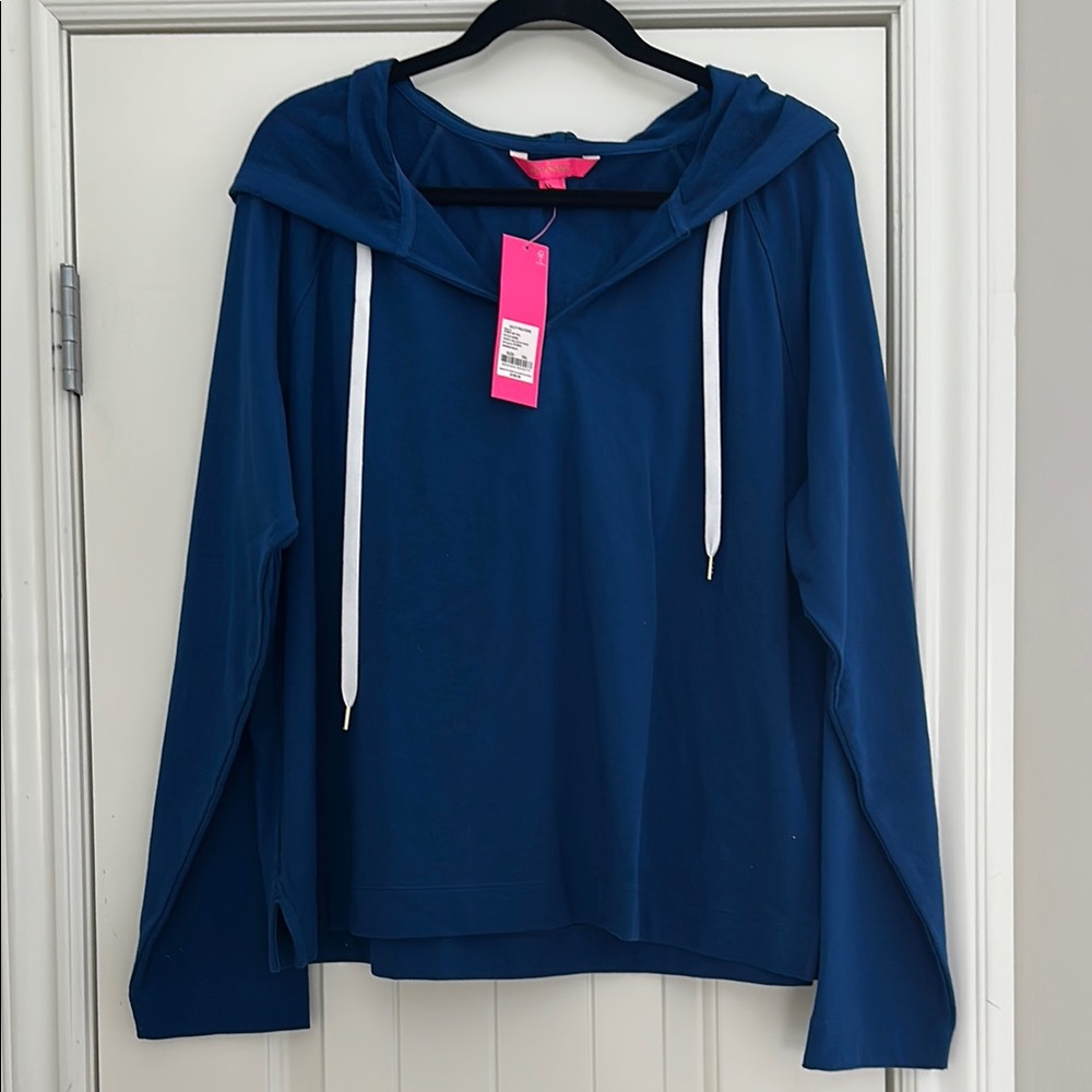 Blue Hoodie with White Drawstrings